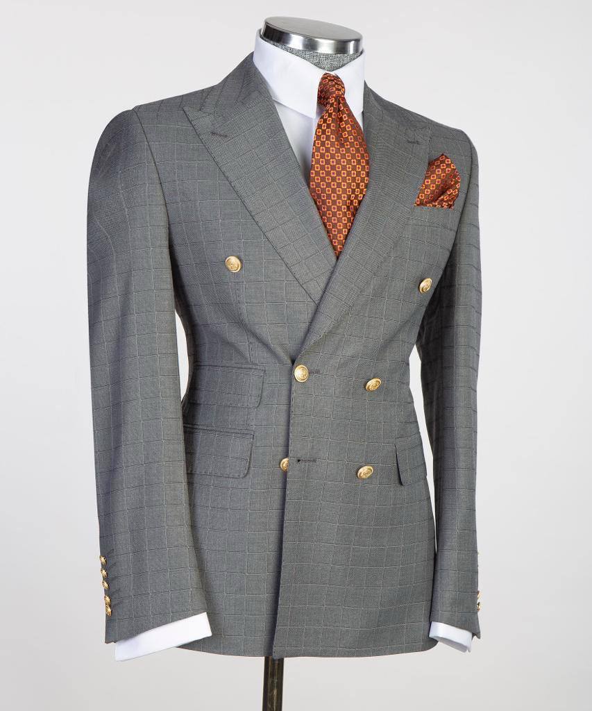 Titanium Alabaster Grid Double-Breasted Jacket - alternate angle