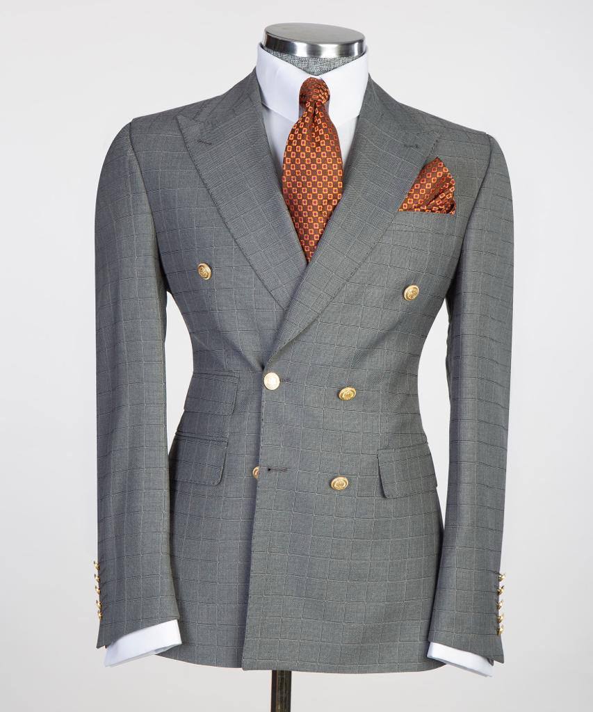 Gray & White Grid Double-Breasted Jacket | Signature Peak Lapel from The Third Gentleman