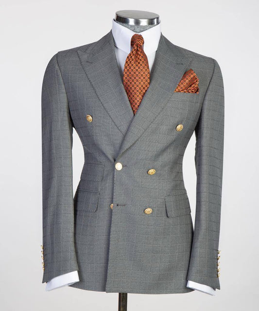Gray & White Grid Double-Breasted Jacket | Signature Peak Lapel from The Third Gentleman
