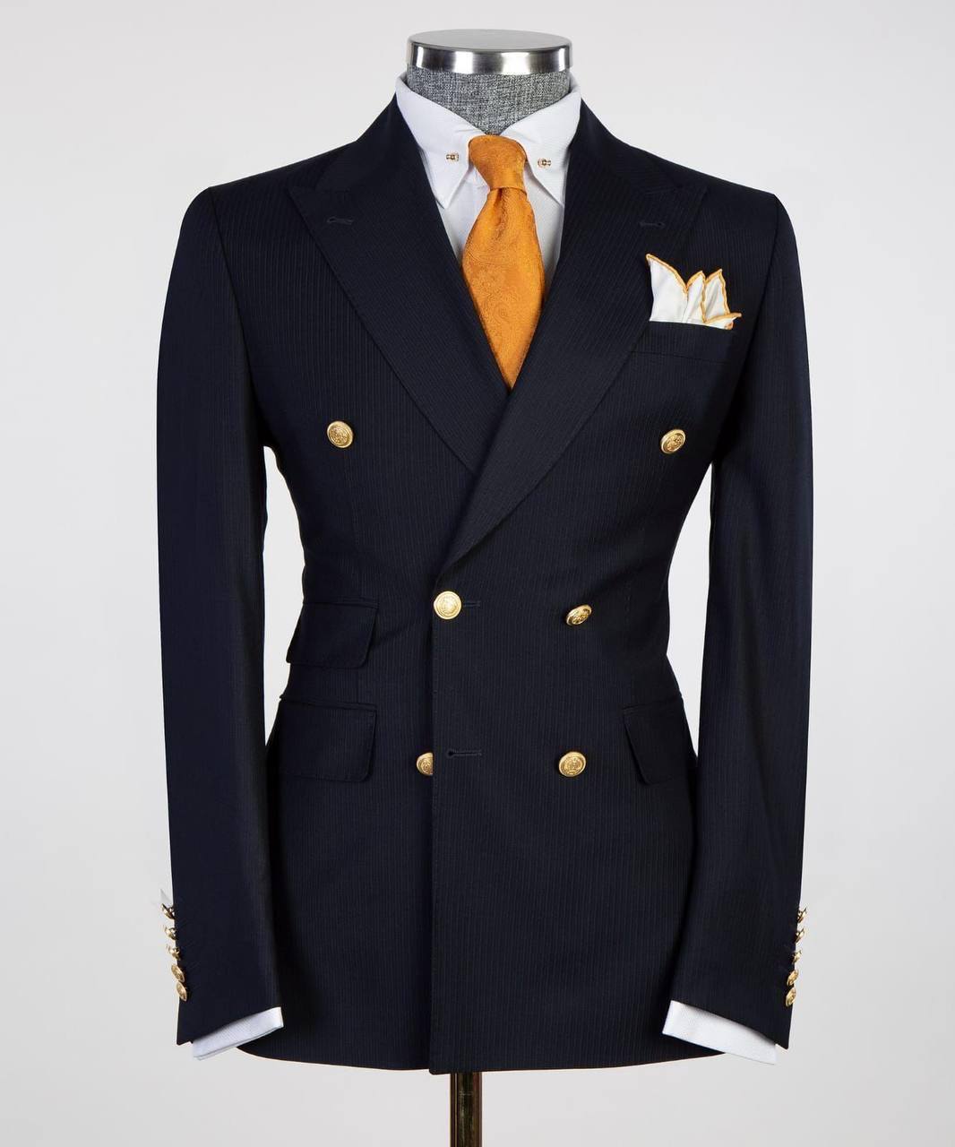 Midnight Pinstripe Grid Double-Breasted Jacket - front view - The Third Gentleman