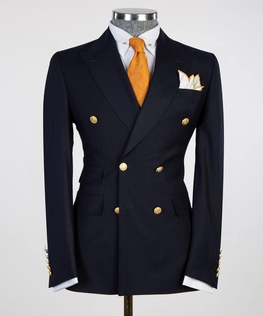 Midnight Pinstripe Grid Double-Breasted Jacket - front view - The Third Gentleman