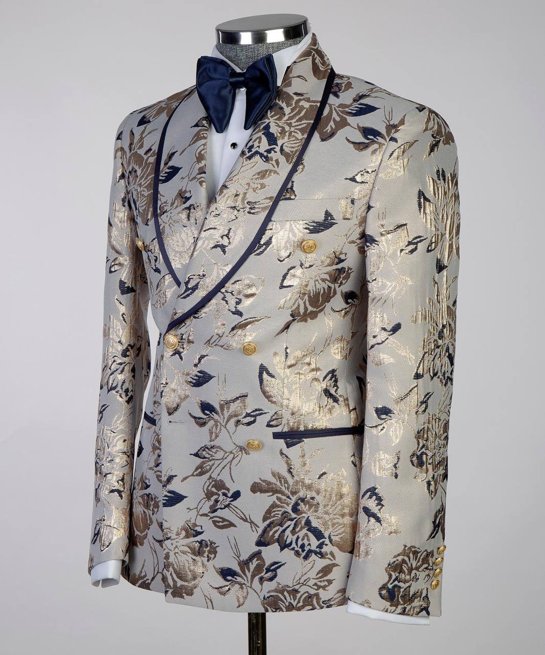 Cream Navy Floral Jacquard Double-Breasted Tuxedo - alternate angle - The Third Gentleman