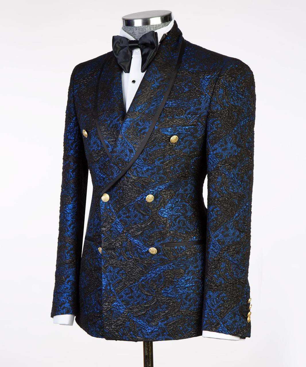 Royal Blue Black Floral Brocade Tuxedo | Double-Breasted from The Third Gentleman, product view 2
