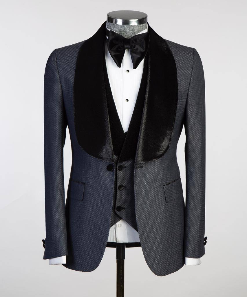 Navy Microdot Three-Piece Tuxedo | Velvet Shawl Collar from The Third Gentleman, product view 1