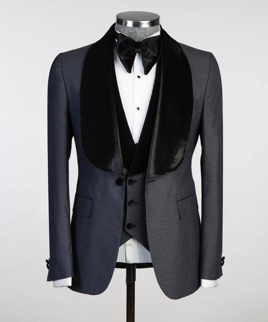 Navy Microdot Three-Piece Tuxedo | Velvet Shawl Collar from The Third Gentleman, product view 1