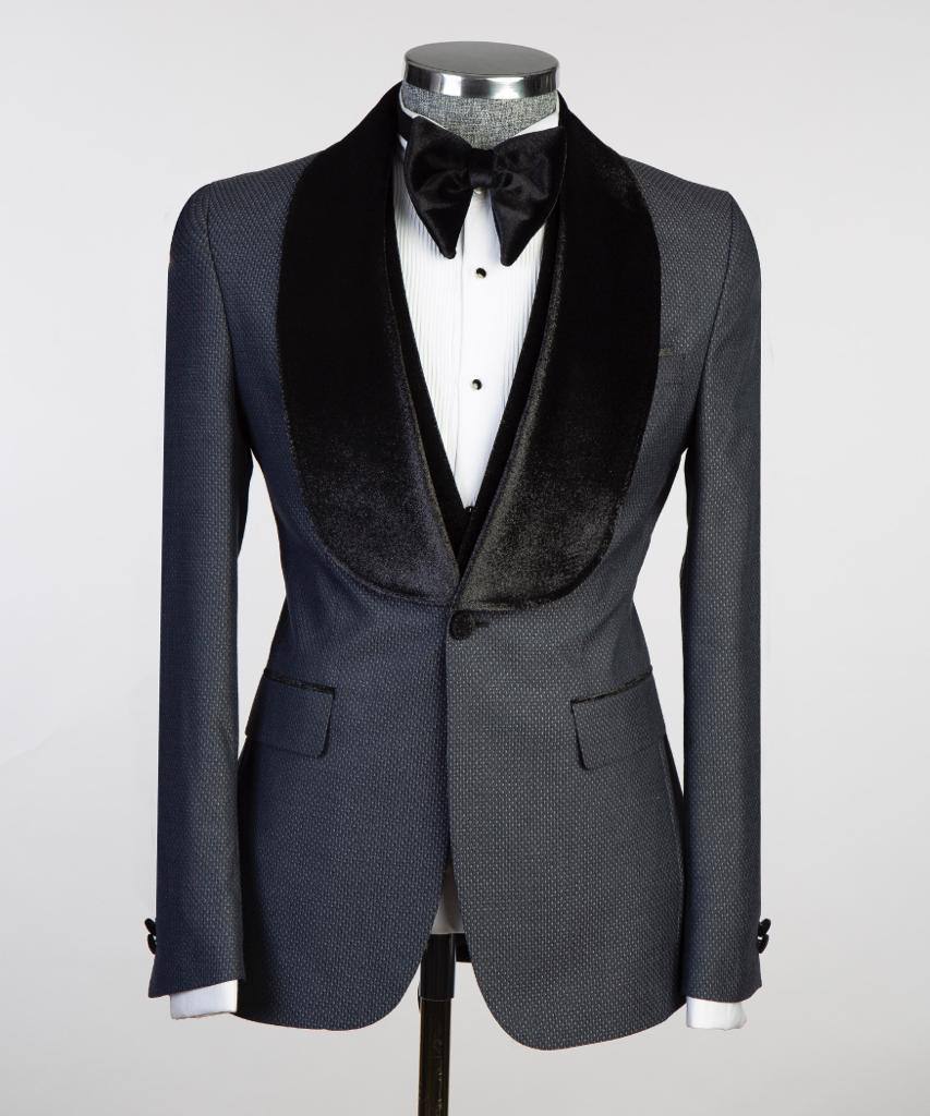 Navy Microdot Three-Piece Tuxedo | Velvet Shawl Collar from The Third Gentleman, product view 2