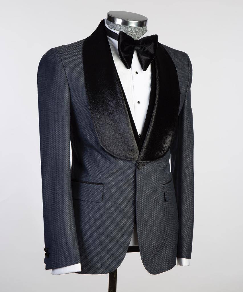 Navy Microdot Three-Piece Tuxedo | Velvet Shawl Collar from The Third Gentleman, product view 3