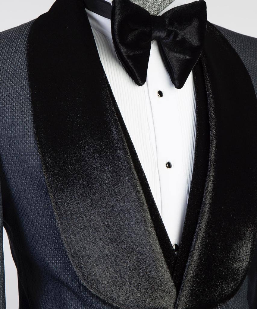 Navy Microdot Three-Piece Tuxedo | Velvet Shawl Collar from The Third Gentleman, product view 4