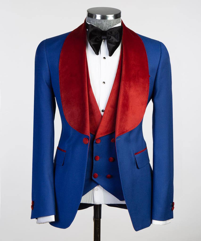 Royal Blue Three-Piece Tuxedo | Red Velvet Shawl Collar from The Third Gentleman, product view 1