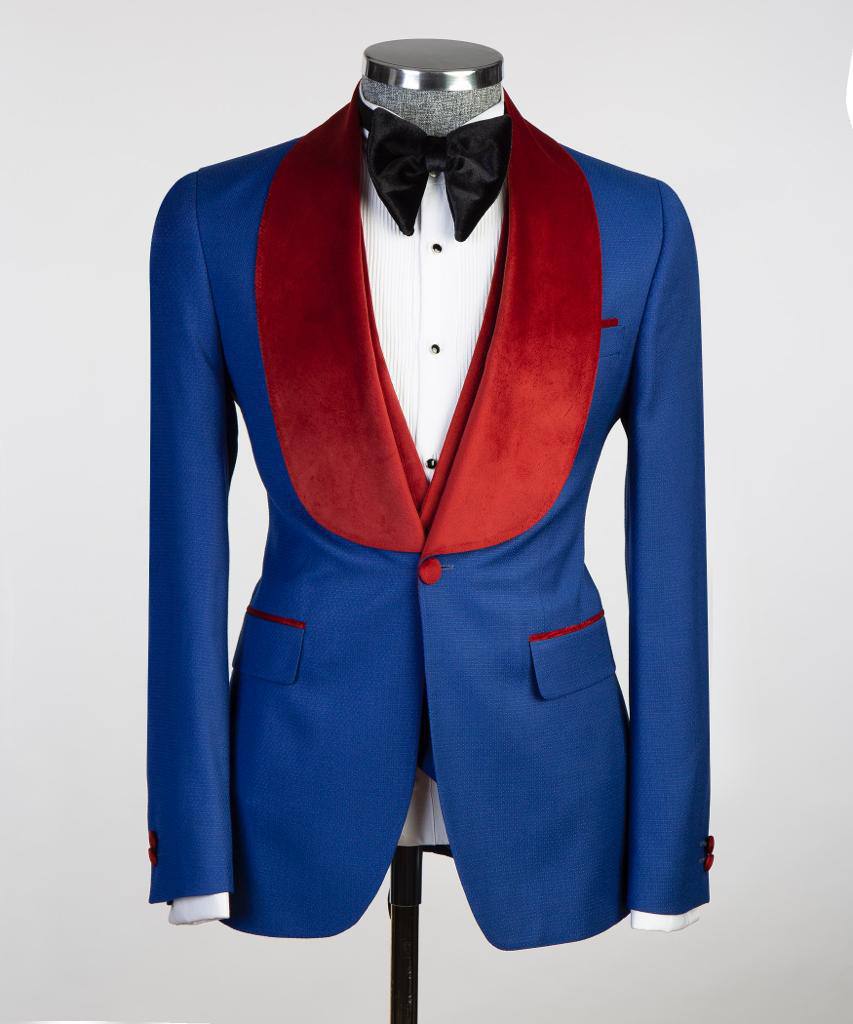 Royal Blue Three-Piece Tuxedo | Red Velvet Shawl Collar from The Third Gentleman, product view 2