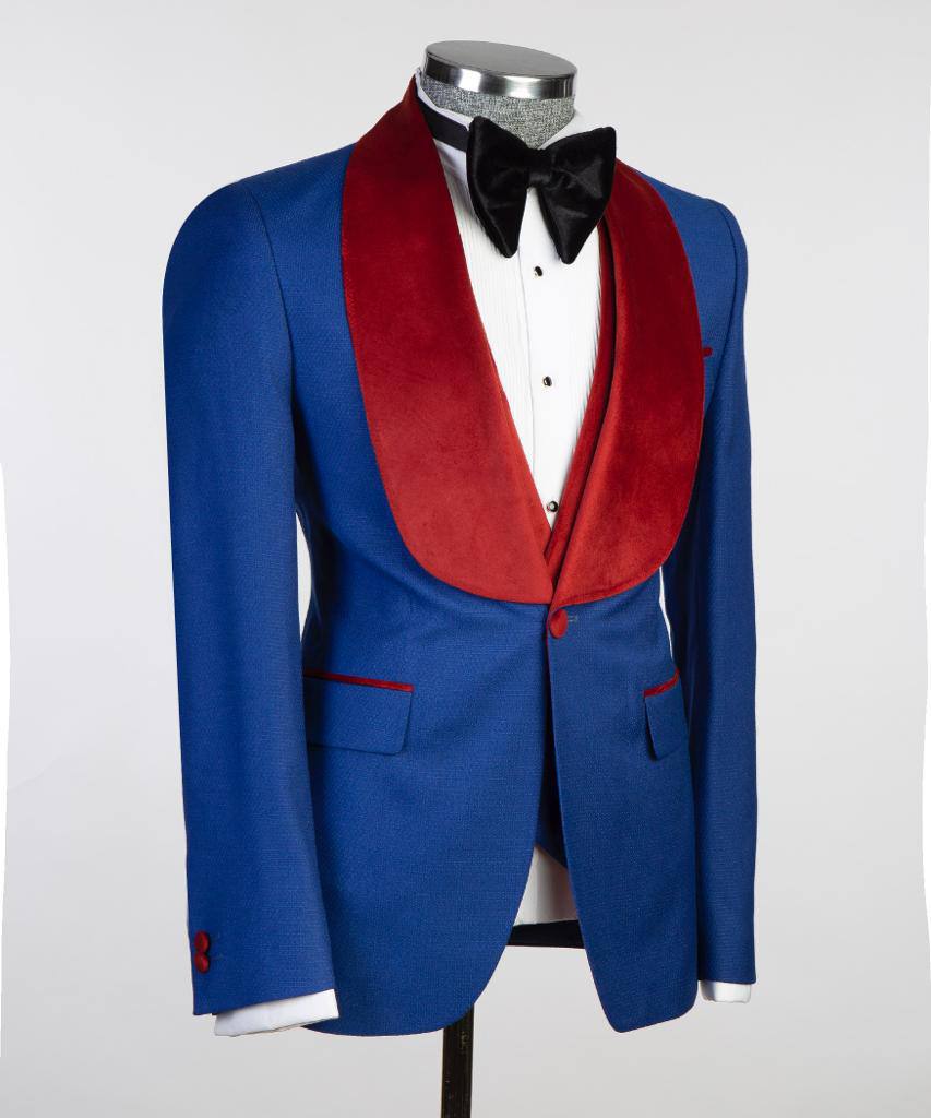 Royal Blue Three-Piece Tuxedo | Red Velvet Shawl Collar from The Third Gentleman, product view 3