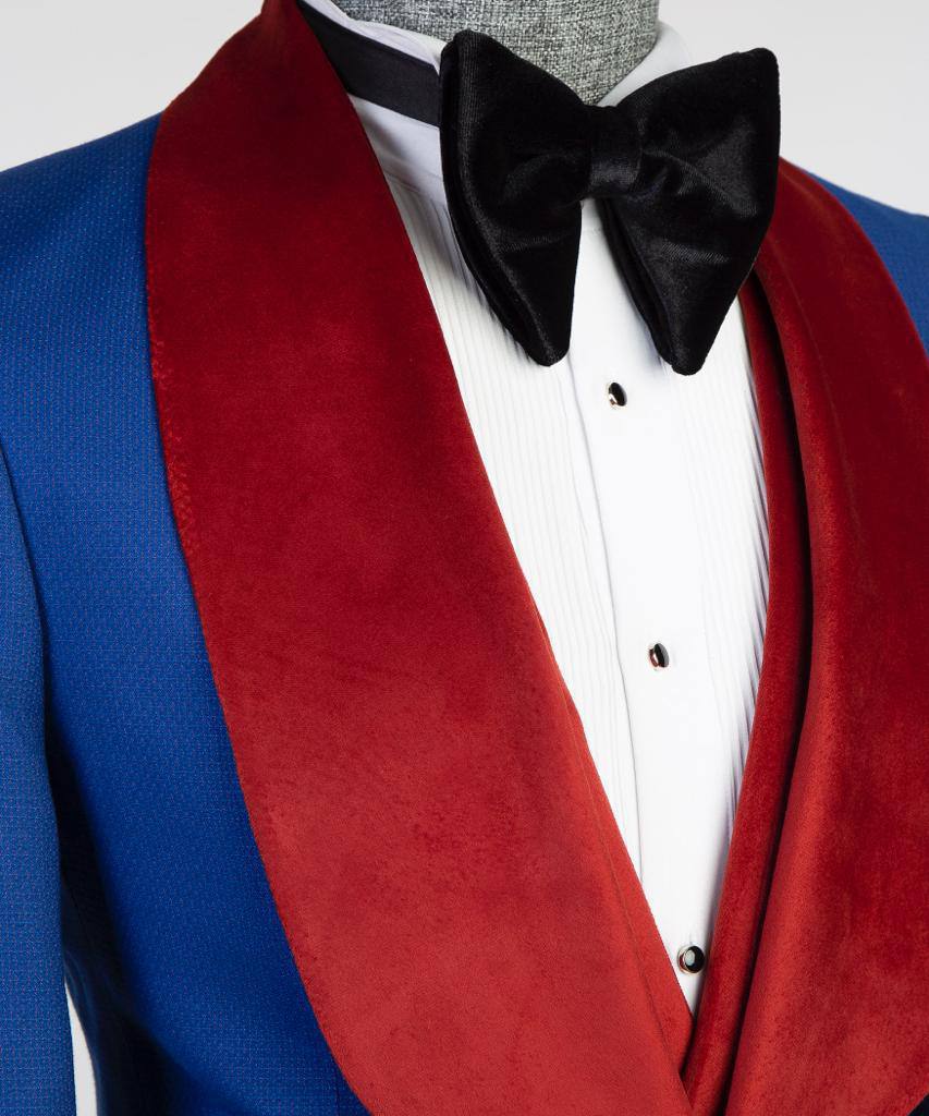 Royal Blue Three-Piece Tuxedo | Red Velvet Shawl Collar from The Third Gentleman, product view 4