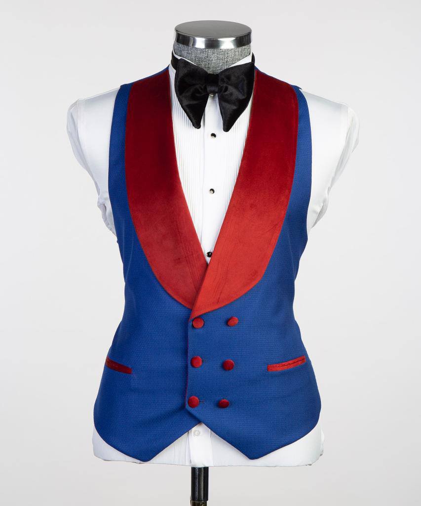 Royal Blue Three-Piece Tuxedo | Red Velvet Shawl Collar from The Third Gentleman, product view 5