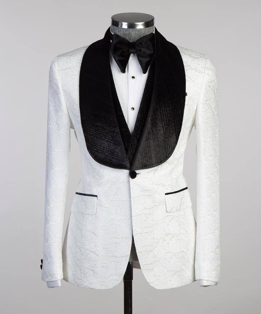 White Crackle Textured Tuxedo | Velvet Shawl Collar from The Third Gentleman