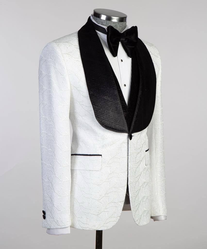 White Crackle Textured Tuxedo | Velvet Shawl Collar from The Third Gentleman, product view 2