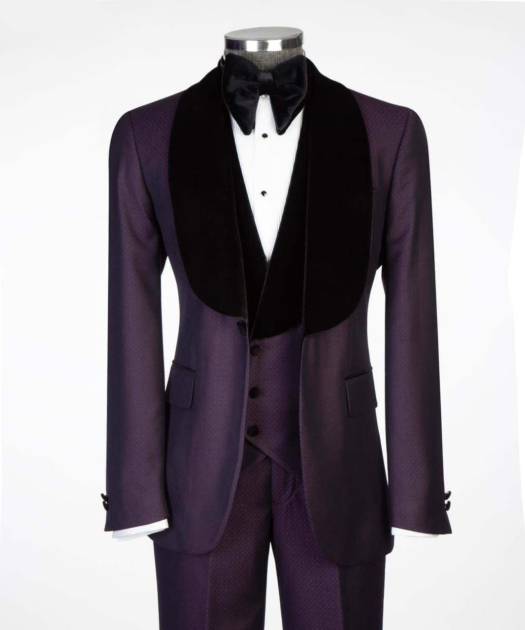 Deep Plum Three-Piece Tuxedo | Velvet Shawl Collar from The Third Gentleman, product view 1