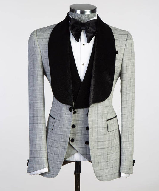 Silver Glen Plaid Three-Piece Tuxedo | Velvet Shawl Collar from The Third Gentleman, product view 1