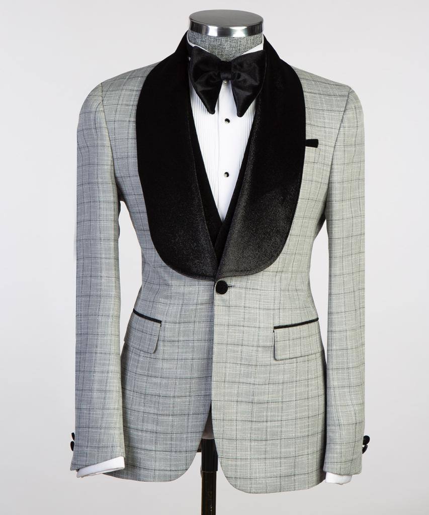 Silver Glen Plaid Three-Piece Tuxedo | Velvet Shawl Collar from The Third Gentleman, product view 2