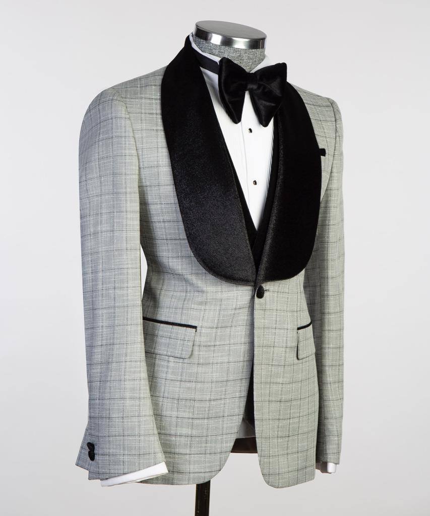 Silver Glen Plaid Three-Piece Tuxedo | Velvet Shawl Collar from The Third Gentleman, product view 3