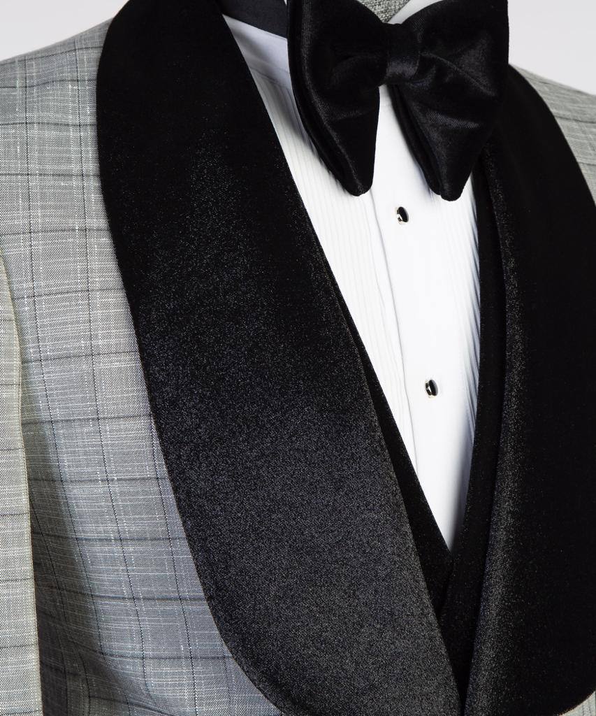 Silver Glen Plaid Three-Piece Tuxedo | Velvet Shawl Collar from The Third Gentleman, product view 4