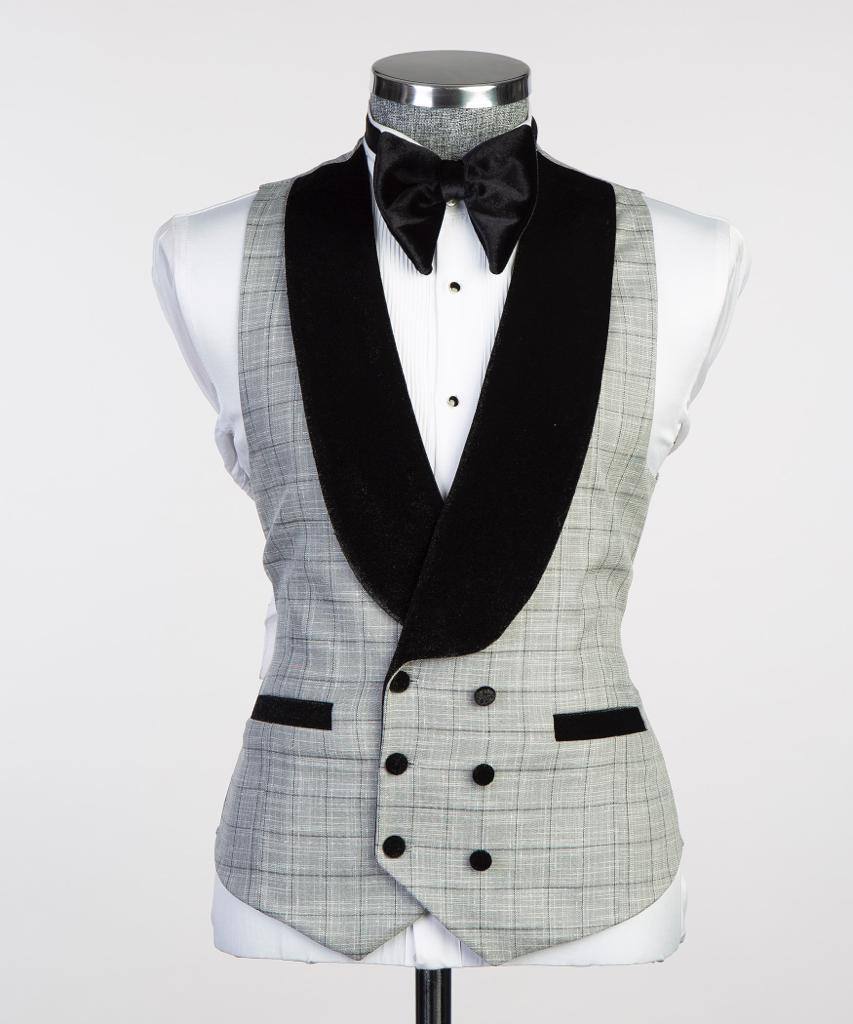 Silver Glen Plaid Three-Piece Tuxedo | Velvet Shawl Collar from The Third Gentleman, product view 5