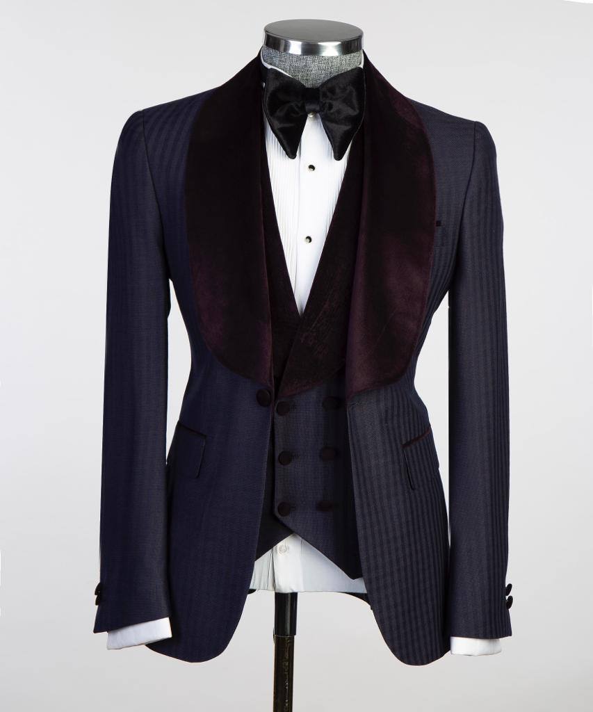 Navy Herringbone Three-Piece Tuxedo | Burgundy Velvet Shawl Collar from The Third Gentleman, product view 1