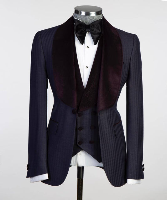 Navy Herringbone Three-Piece Tuxedo | Burgundy Velvet Shawl Collar from The Third Gentleman, product view 1
