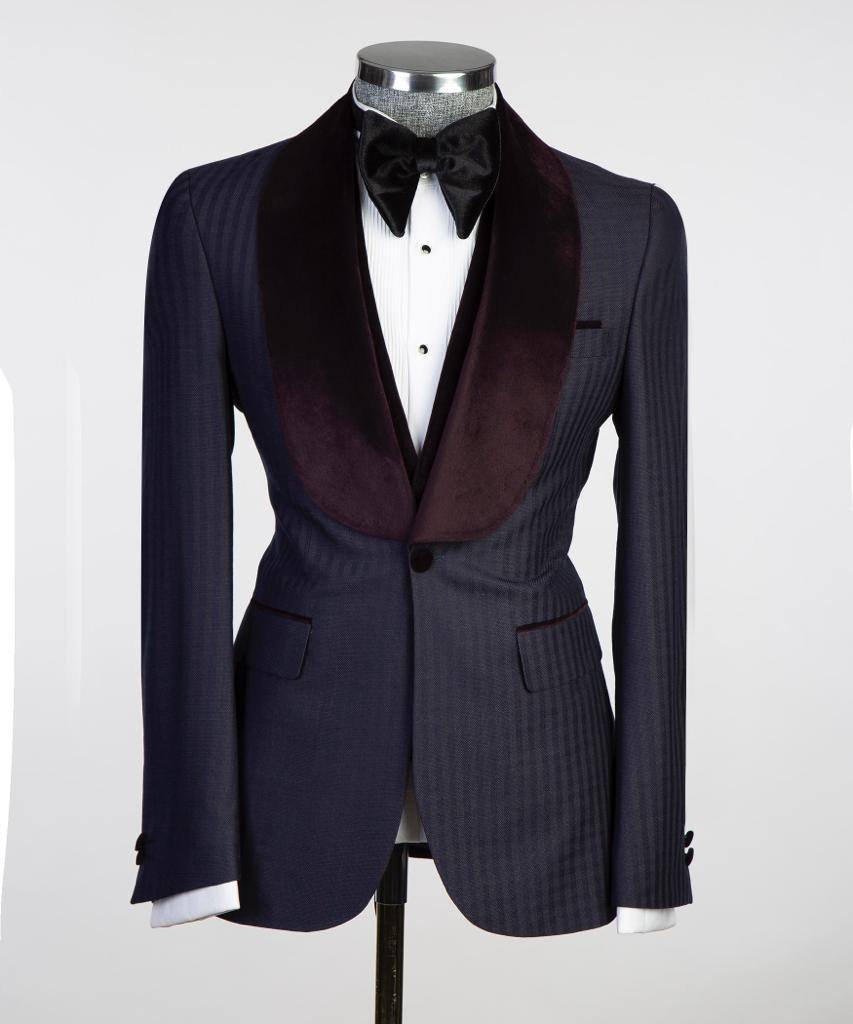 Navy Herringbone Three-Piece Tuxedo | Burgundy Velvet Shawl Collar from The Third Gentleman, product view 2
