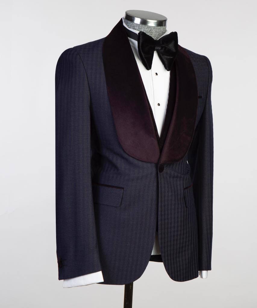 Navy Herringbone Three-Piece Tuxedo | Burgundy Velvet Shawl Collar from The Third Gentleman, product view 3