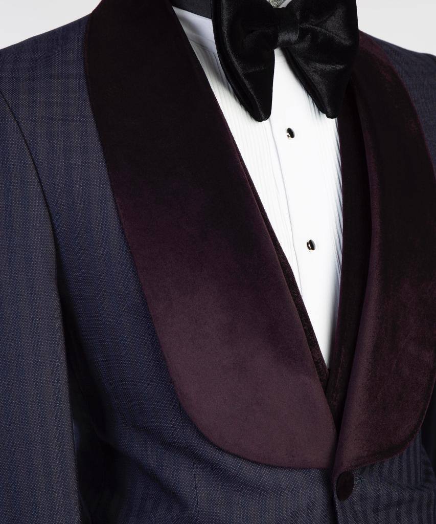 Navy Herringbone Three-Piece Tuxedo | Burgundy Velvet Shawl Collar from The Third Gentleman, product view 4
