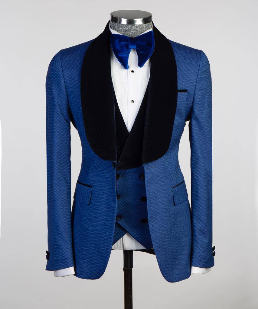 Royal Blue Three-Piece Tuxedo | Velvet Shawl Collar from The Third Gentleman, product view 2