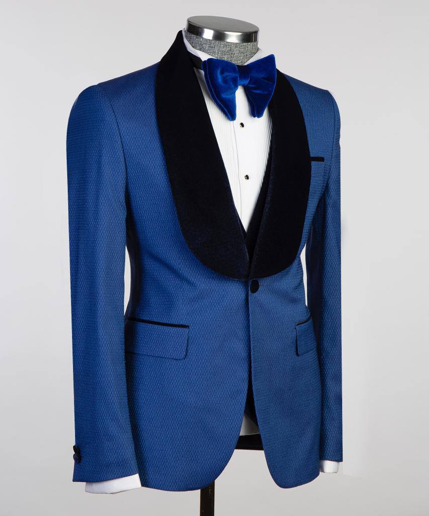 Royal Blue Three-Piece Tuxedo | Velvet Shawl Collar from The Third Gentleman, product view 3
