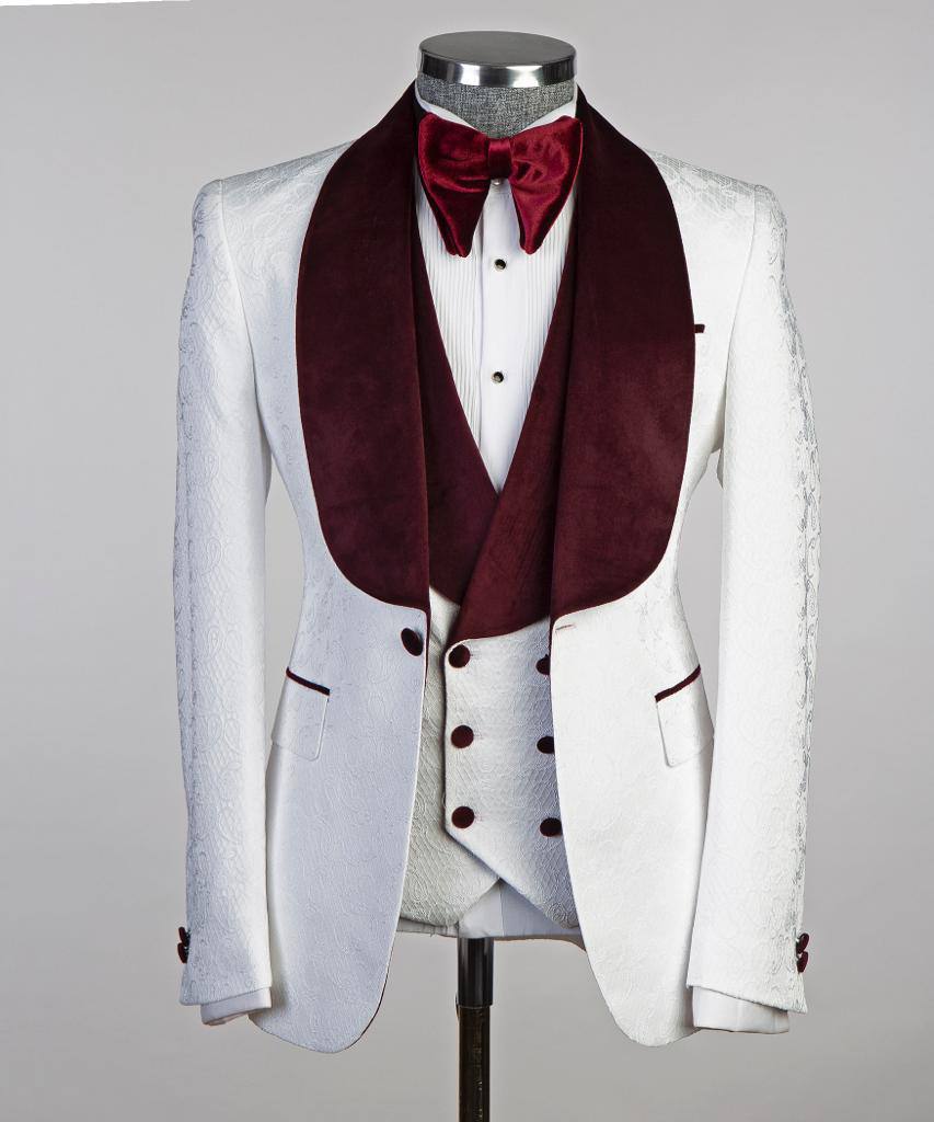 White Paisley Three-Piece Tuxedo | Burgundy Velvet Shawl Collar from The Third Gentleman