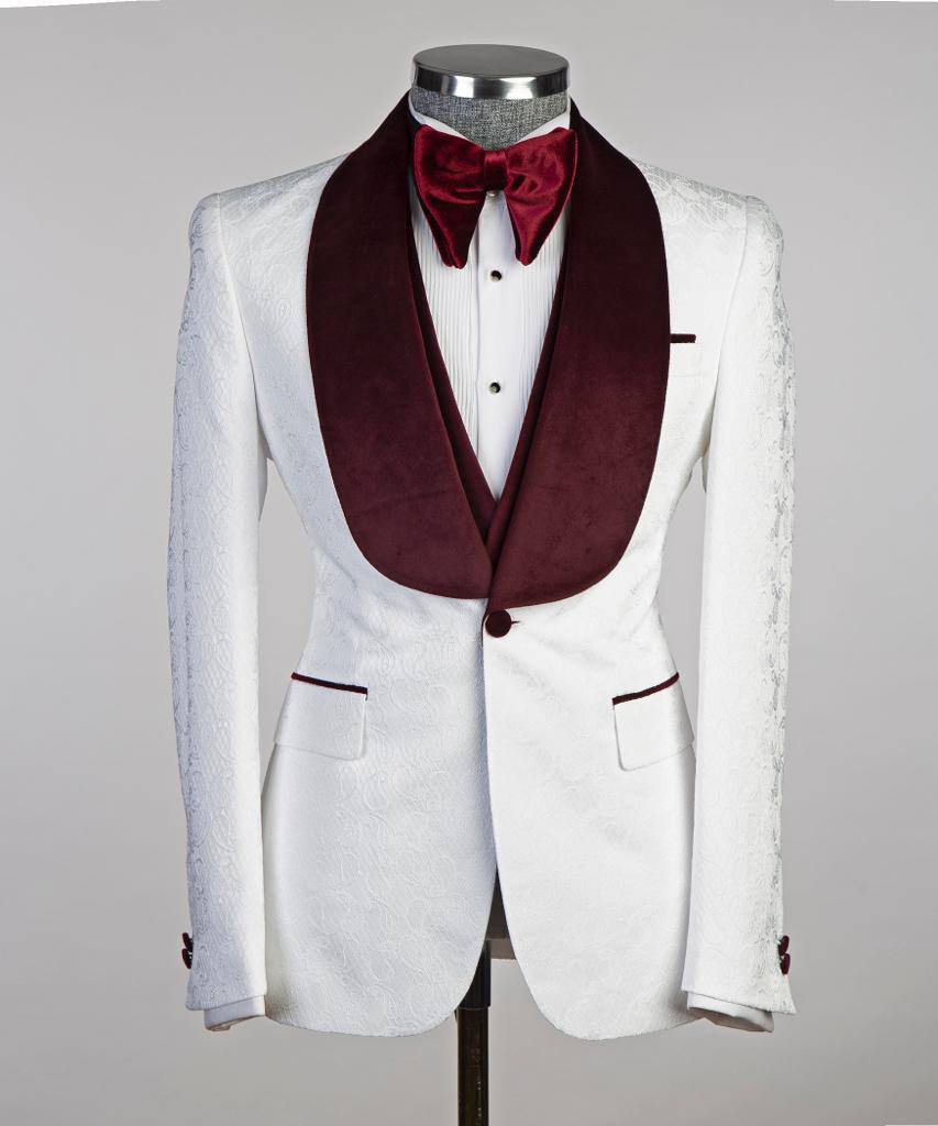 White Paisley Three-Piece Tuxedo | Burgundy Velvet Shawl Collar from The Third Gentleman, product view 2