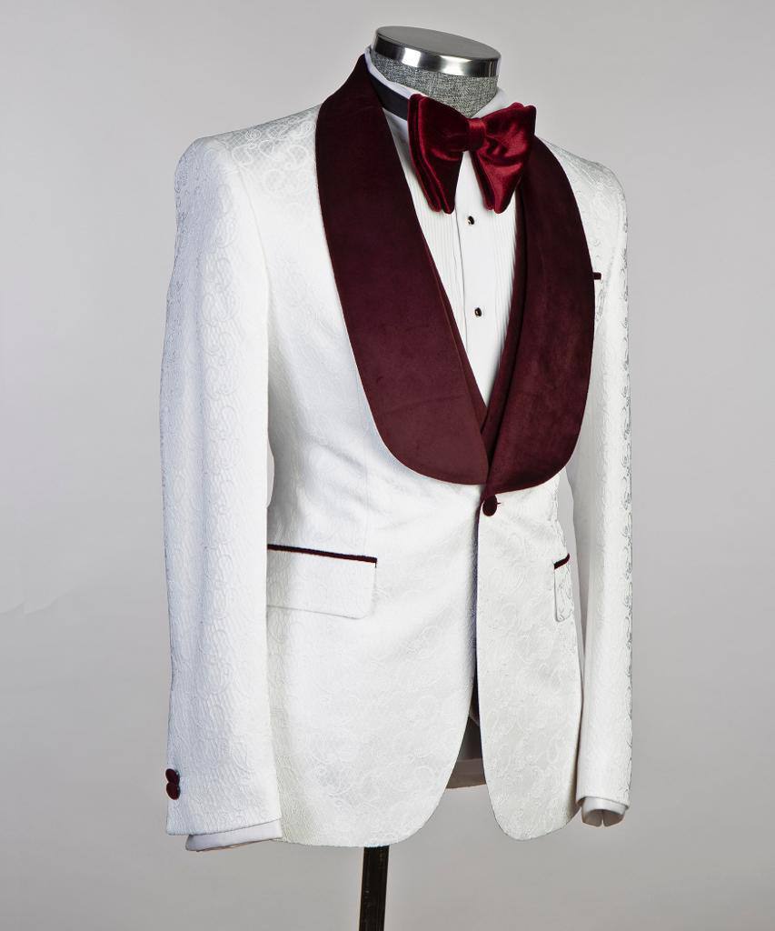 White Paisley Three-Piece Tuxedo | Burgundy Velvet Shawl Collar from The Third Gentleman, product view 3