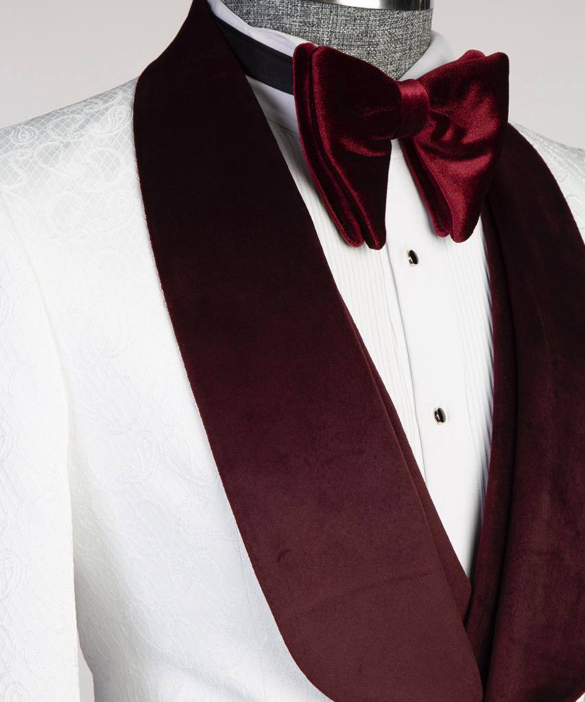 White Paisley Three-Piece Tuxedo | Burgundy Velvet Shawl Collar from The Third Gentleman, product view 4