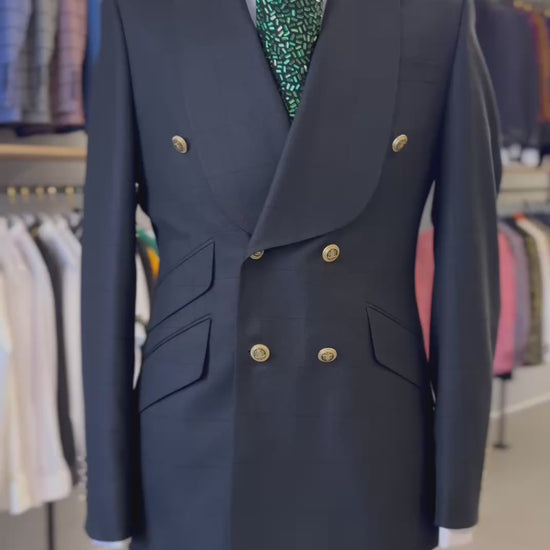 Black windowpane double-breasted suit product video from The Third Gentleman