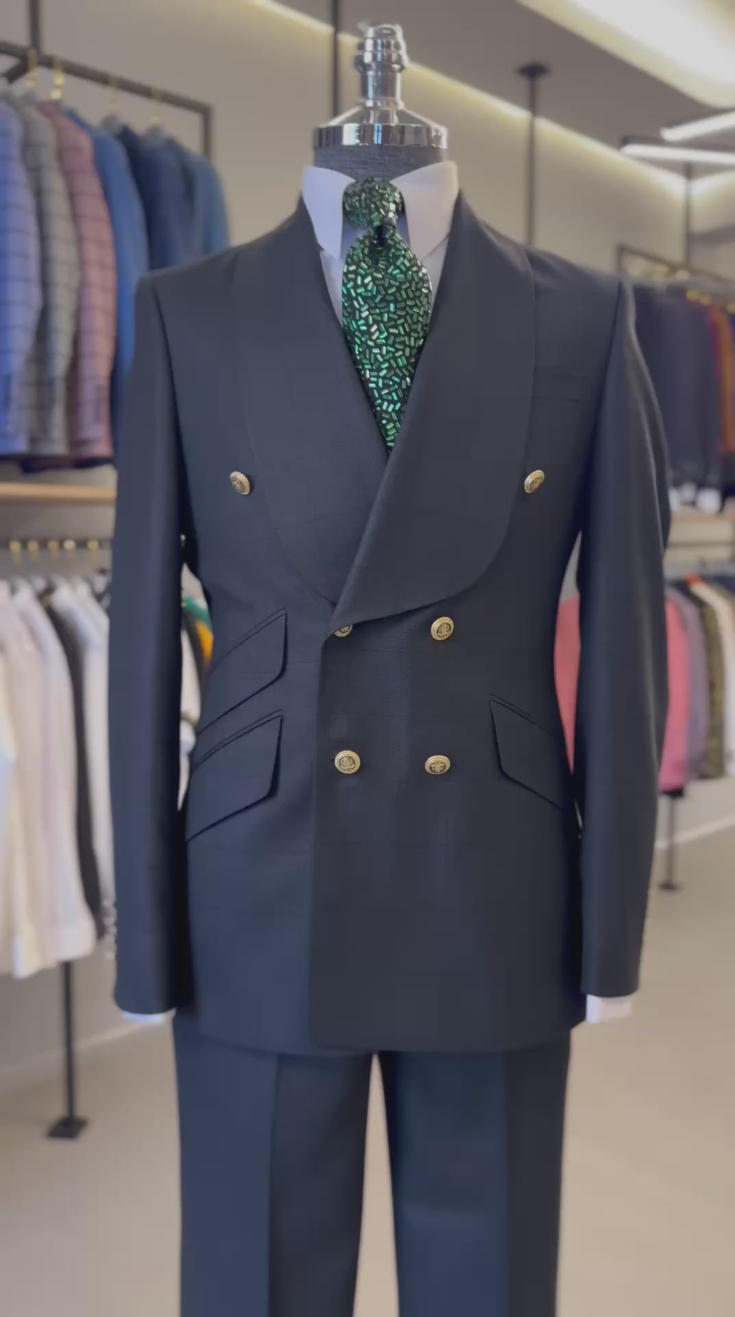 Black windowpane double-breasted suit product video from The Third Gentleman