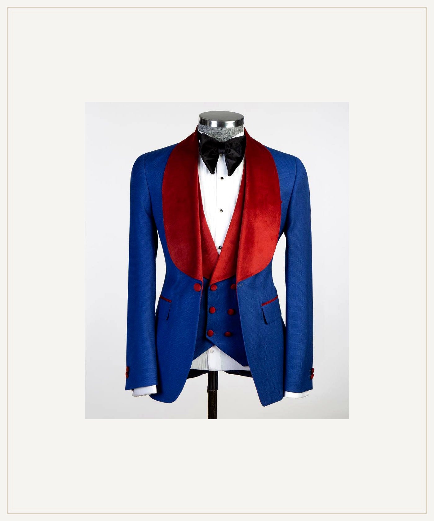 Royal Blue Three-Piece Tuxedo | Red Velvet Shawl Collar | The Third Gentleman premium product hero image from The Third Gentleman