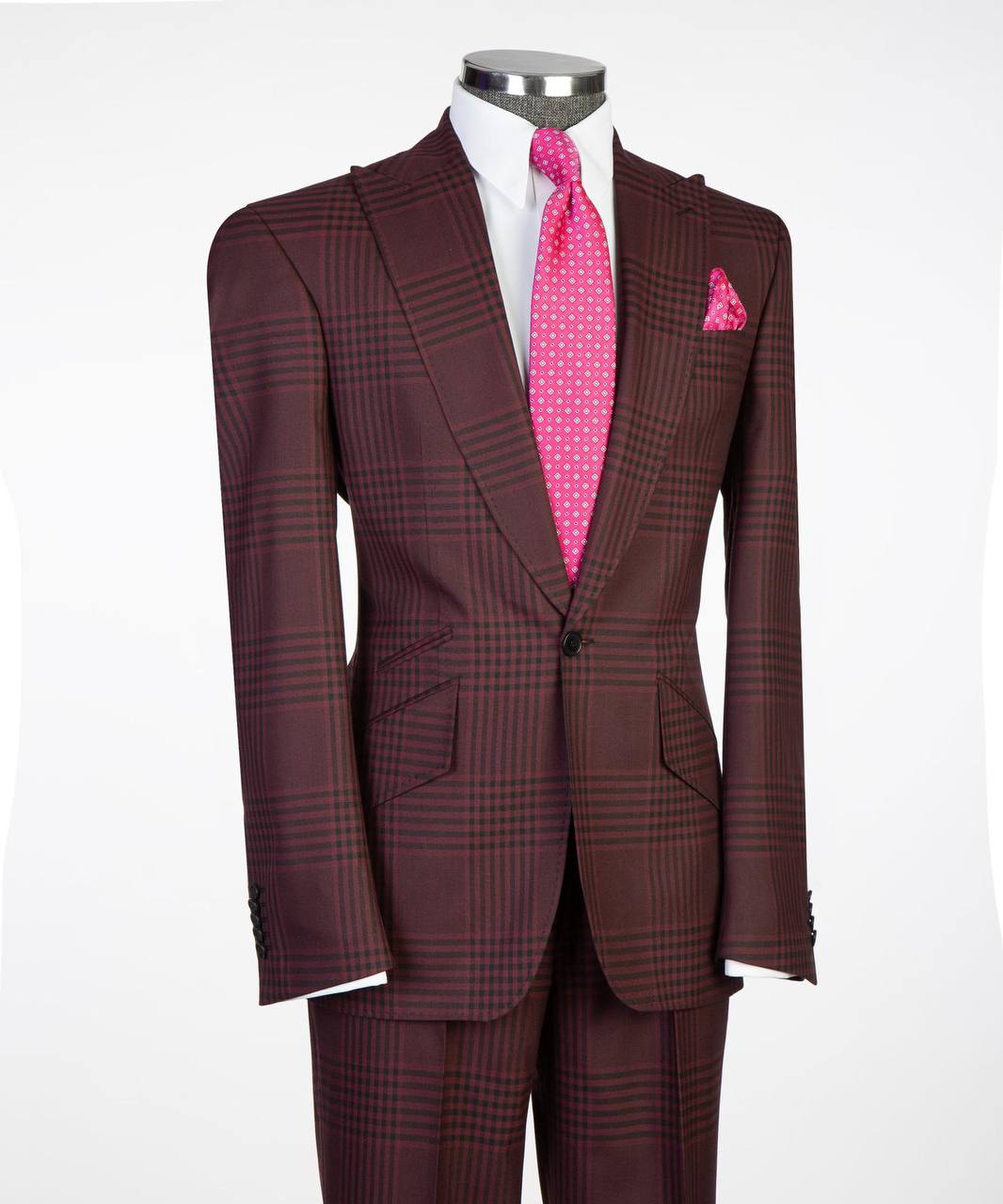 Burgundy plaid two-button suit on mannequin with matching trousers.