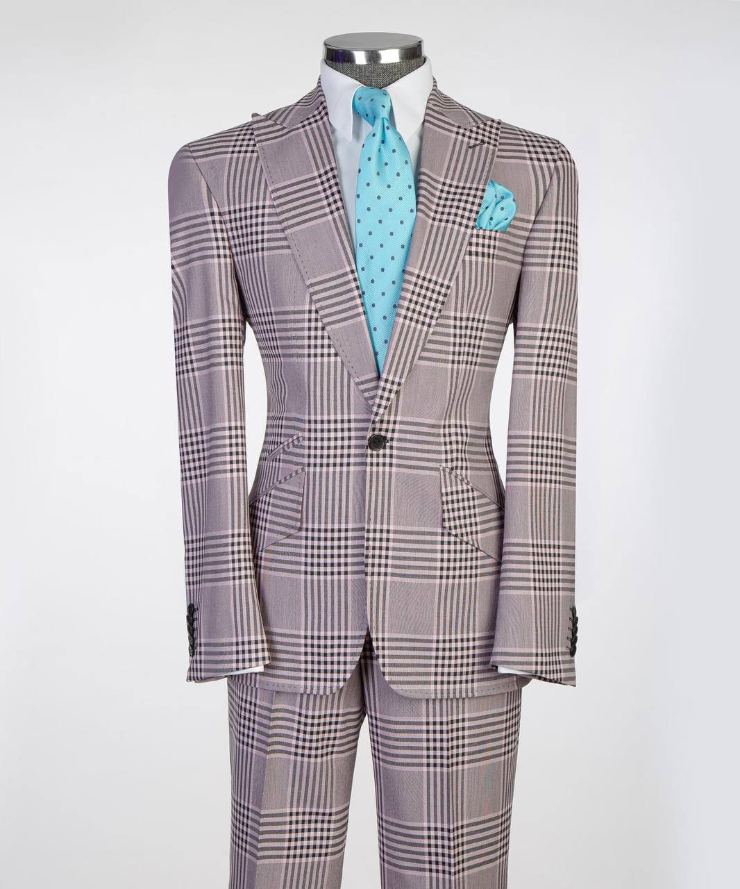 Lavender gray plaid two-button suit front view with white shirt and turquoise tie.