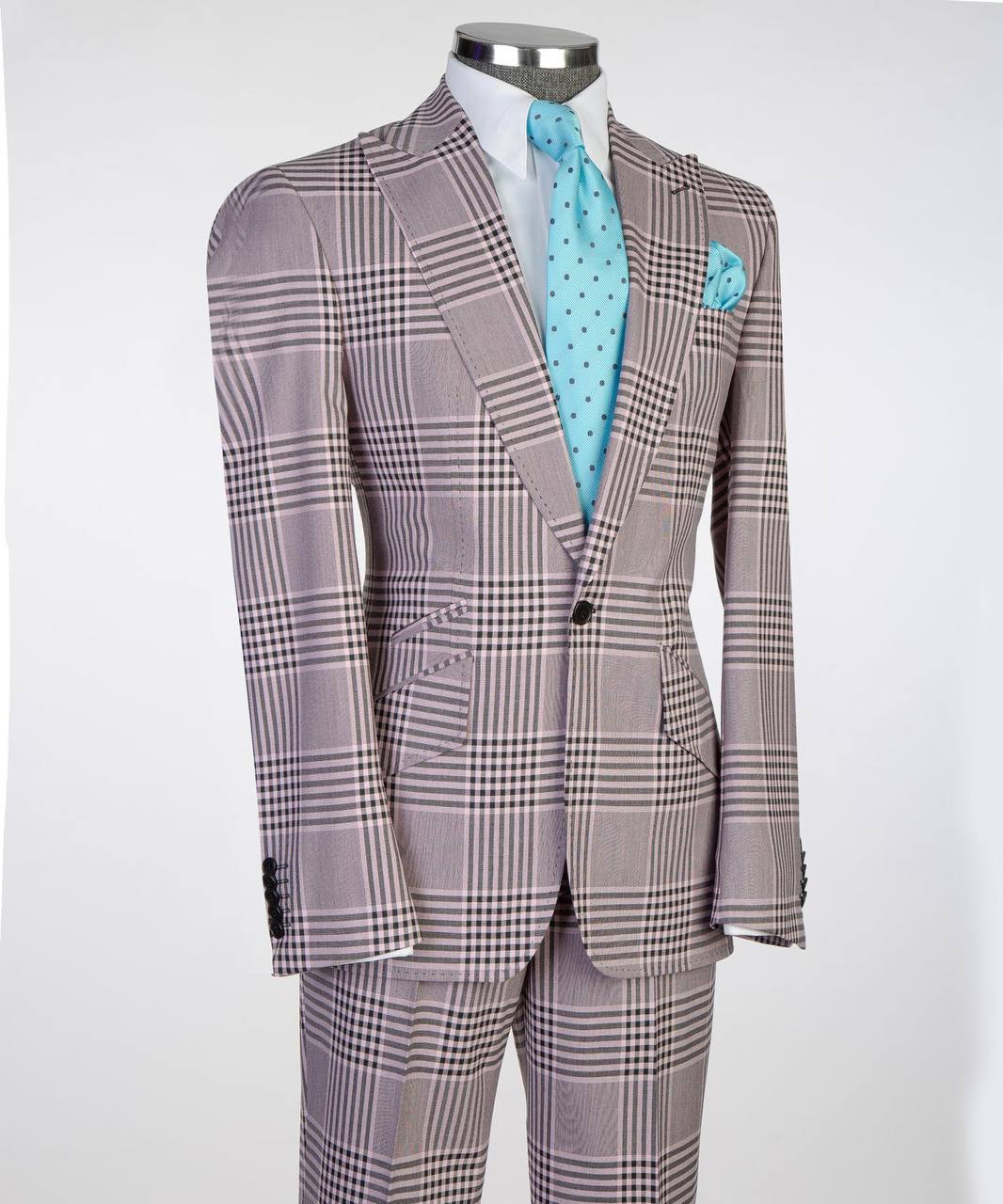 Lavender gray plaid two-button suit on mannequin with matching trousers.