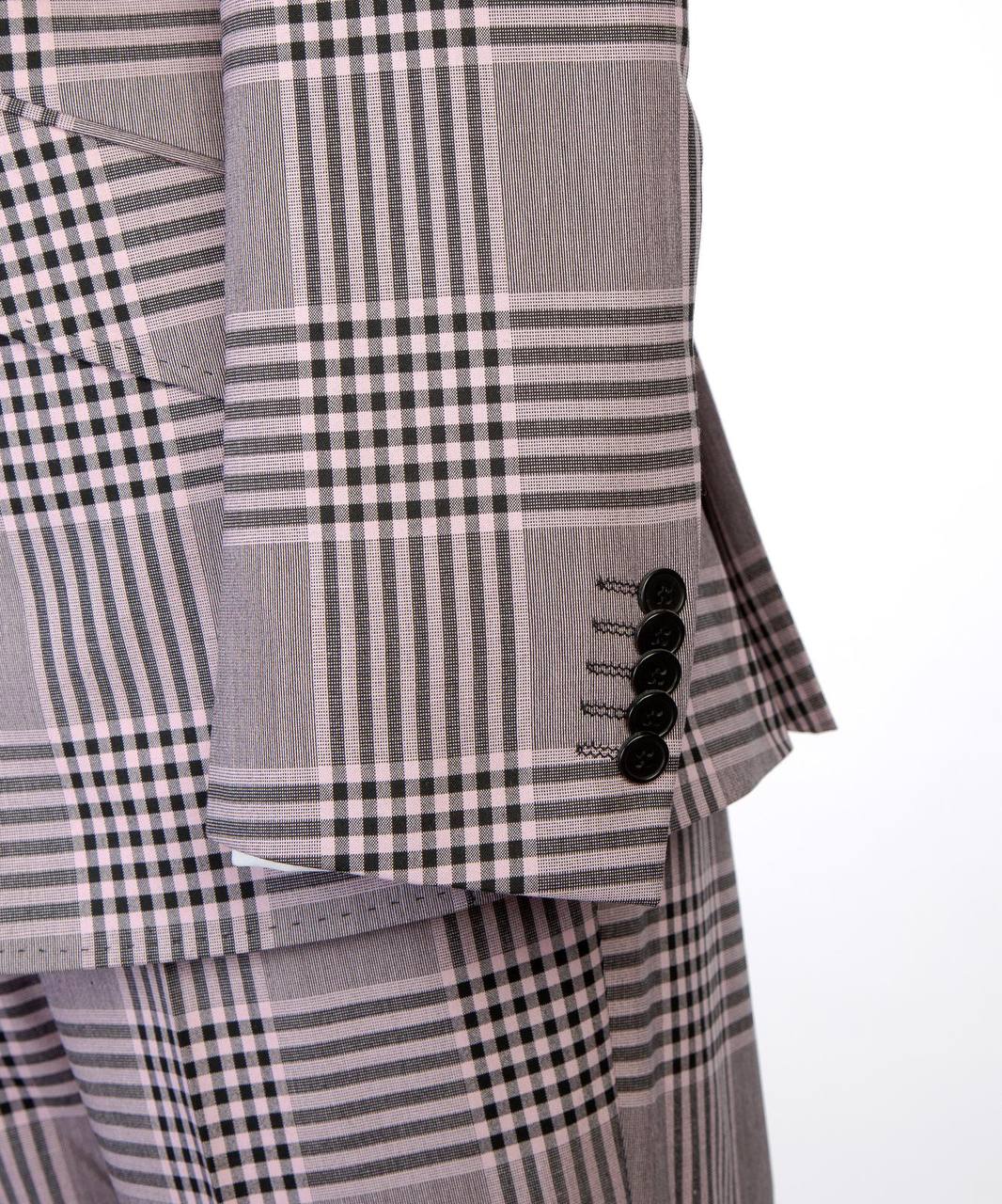 Detail view of lavender gray plaid suit sleeve buttons and fabric pattern.