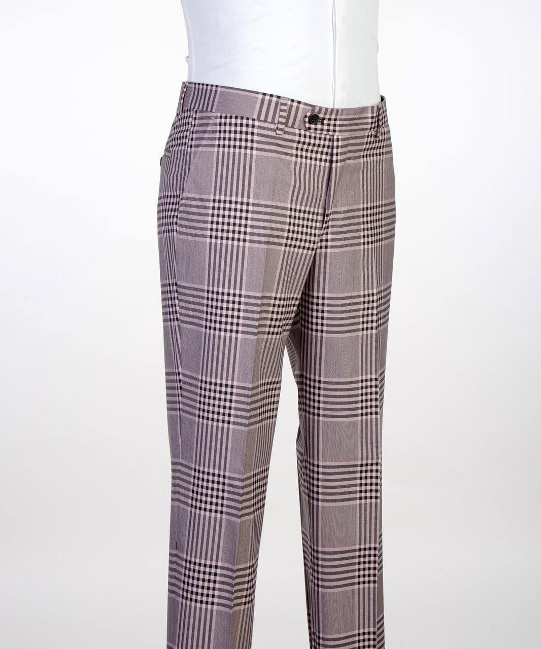 Close-up of lavender gray plaid suit trousers with tailored waistband and front crease.