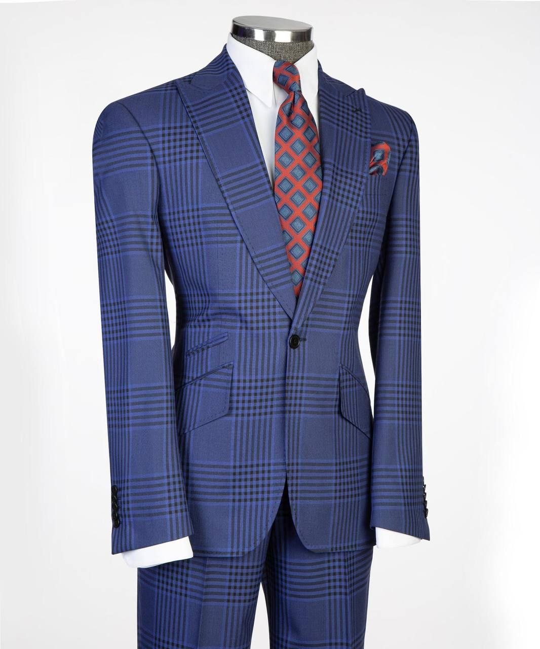 Front view of royal blue plaid men’s suit with matching trousers.