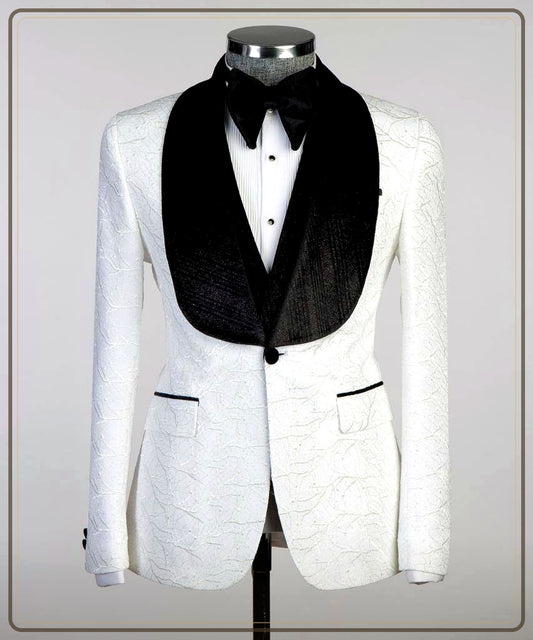 White Crackle Textured Tuxedo | Velvet Shawl Collar premium hero from The Third Gentleman