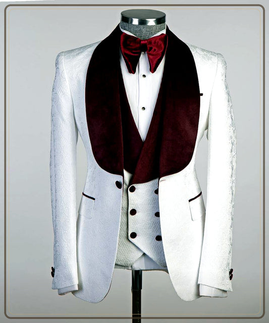 White Paisley Three-Piece Tuxedo | Burgundy Velvet Shawl Collar premium hero from The Third Gentleman
